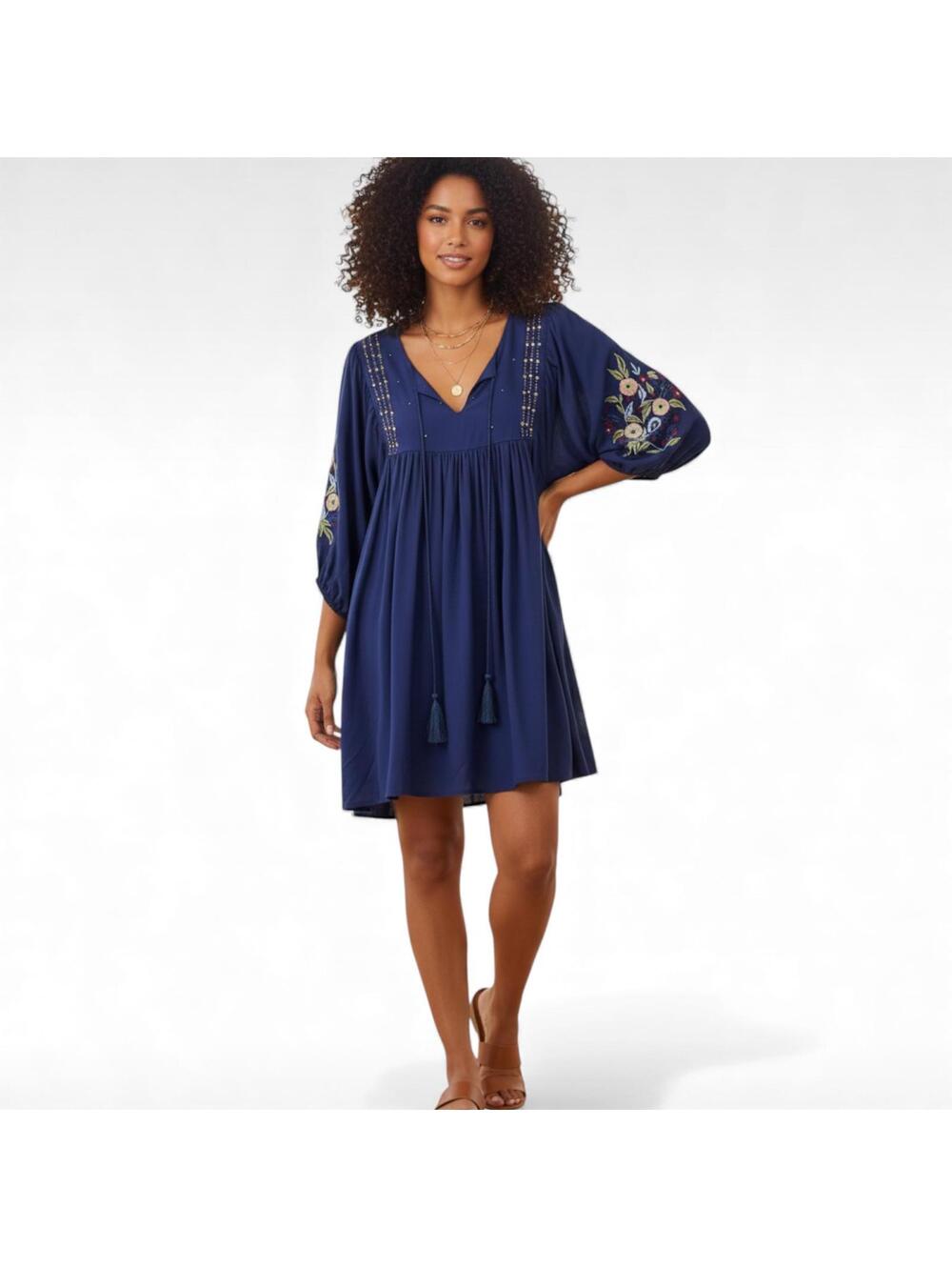 Blue Rain Navy Embroidered Mini Dress with Tassel Tie